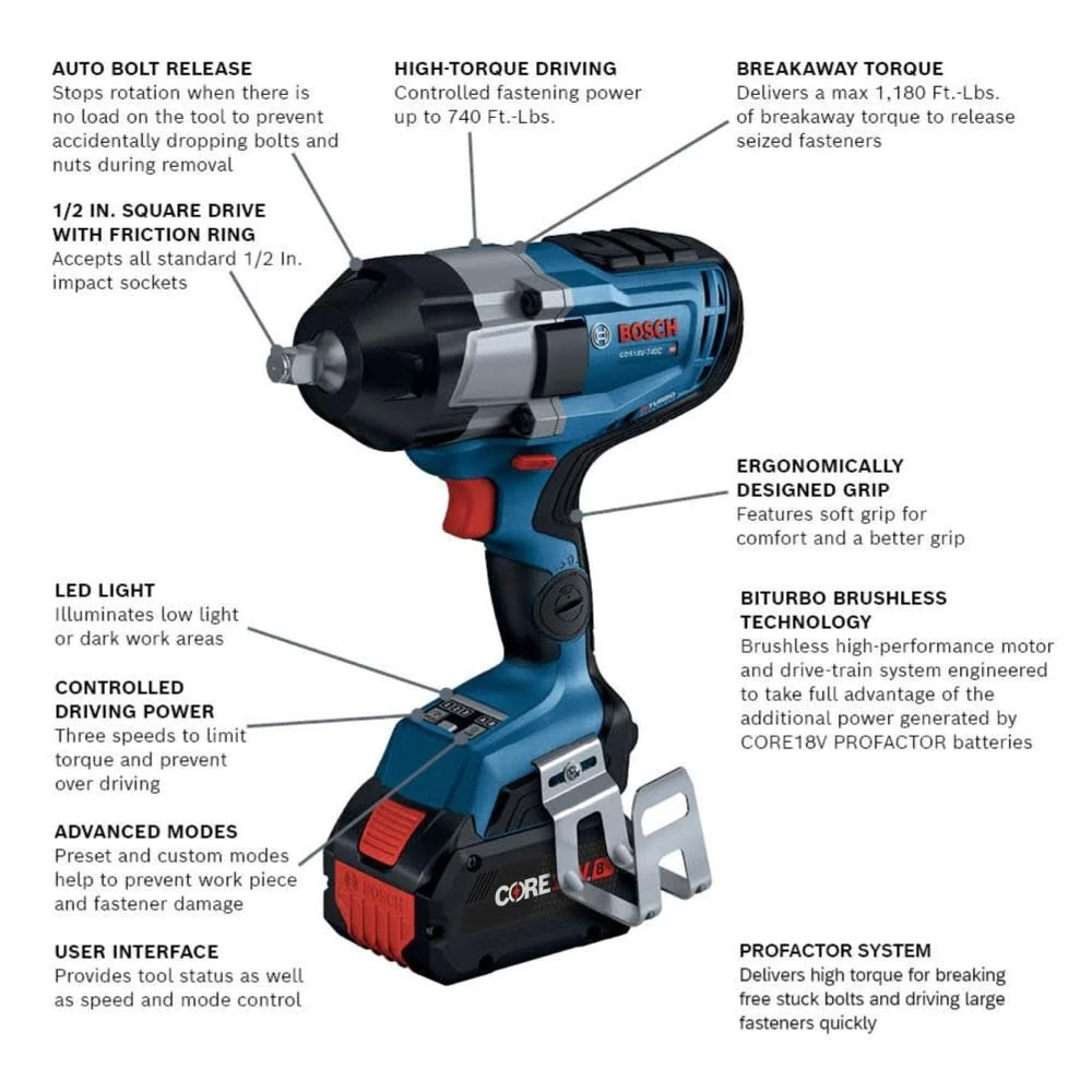 Bosch GDS18V-740CB14 PROFACTOR 18V Connected 1/2" Impact Wrench Kit with Friction Ring and (1) CORE18V 8 Ah High Power Battery - Image 2