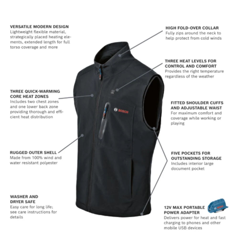 Bosch GHV12V-203XLN12 12V Max Heated Vest Kit with Portable Power Adapter - Size 3X Large - Image 2
