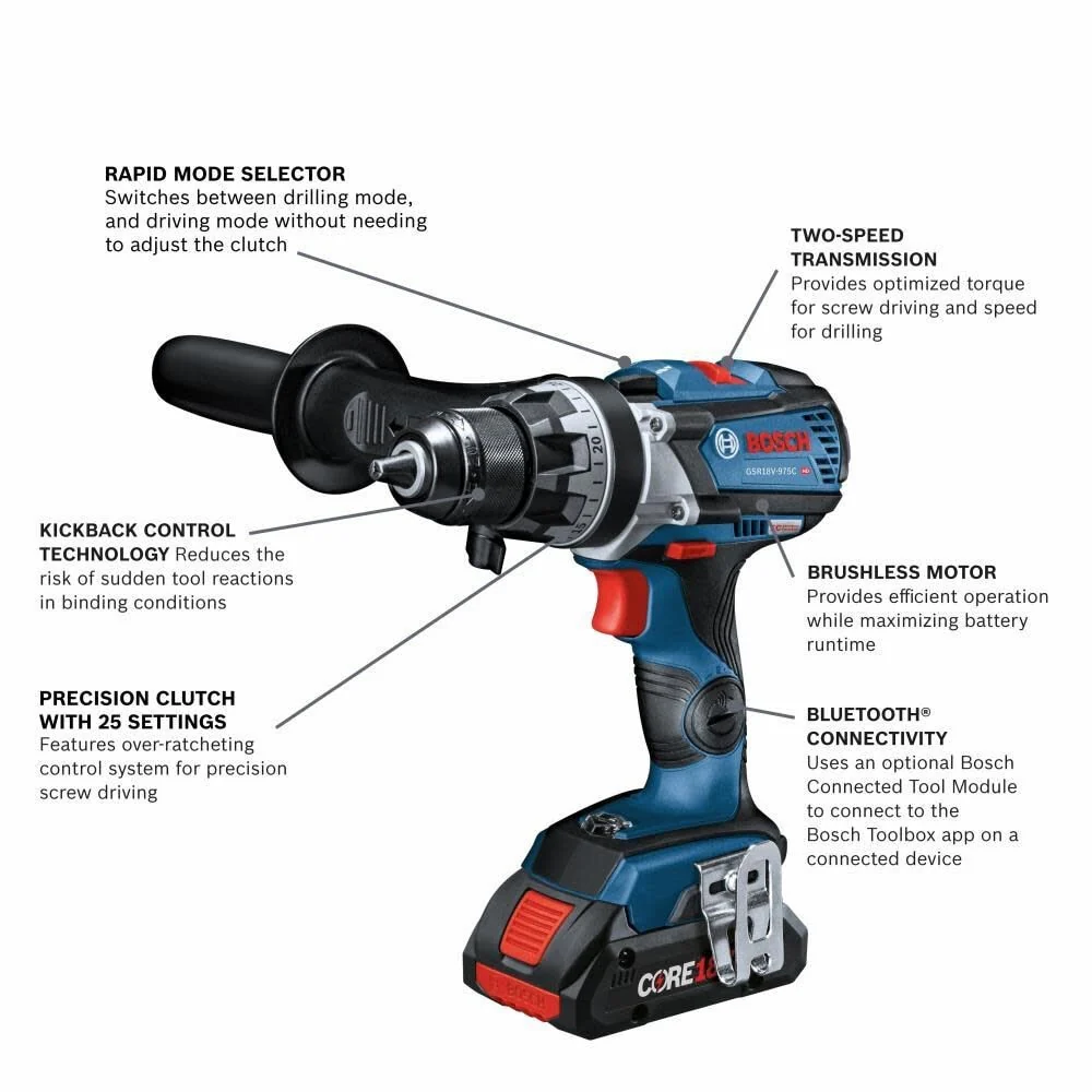 Bosch GSR18V-975CB25 18V Brushless Connected-Ready 1/2 In. Drill/Driver Kit with (2) CORE18V 4 Ah Advanced Power Batteries - Image 2