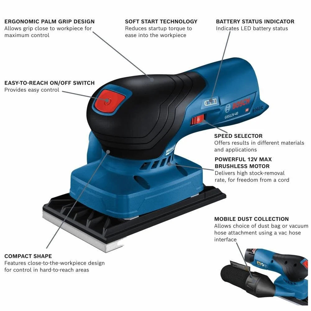 Bosch GSS12V-40N 12V Max Brushless Sheet Orbital Finishing Sander (Bare Tool) - Image 2