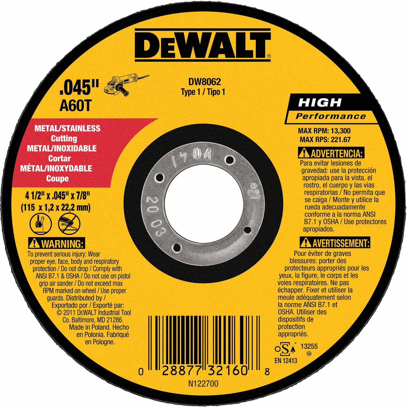 DeWalt DW8062 4-1/2" X .045" X 7/8" Type 1 Metal Cutting Thin Cutoff Wheel