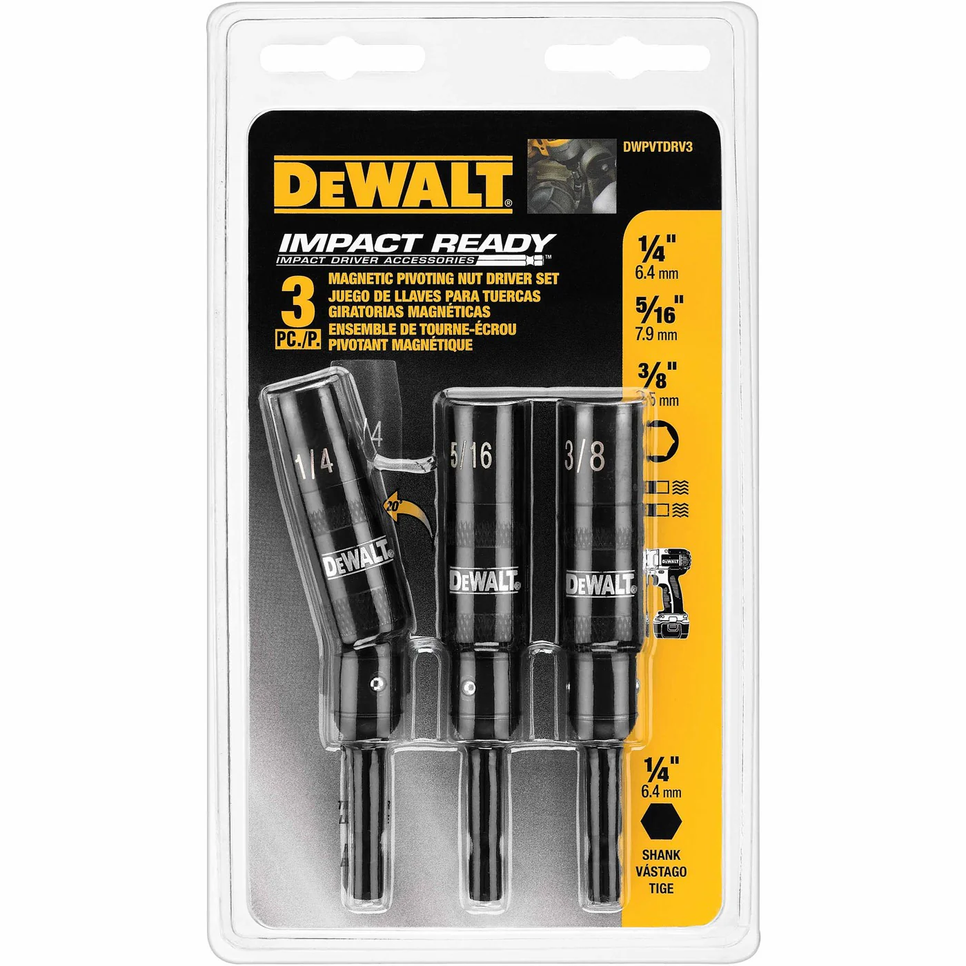 DeWalt DWPVTDRV3 3 Piece Magnetic Impact Ready Pivoting Nut Driver Set - Image 2