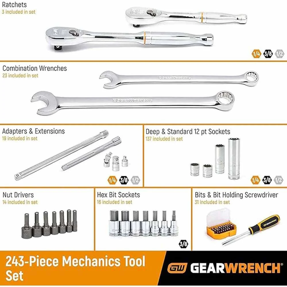 GearWrench 80966 243 Pc. 6 Point Mechanics Tool Set in 3 Drawer Storage Box - Image 2