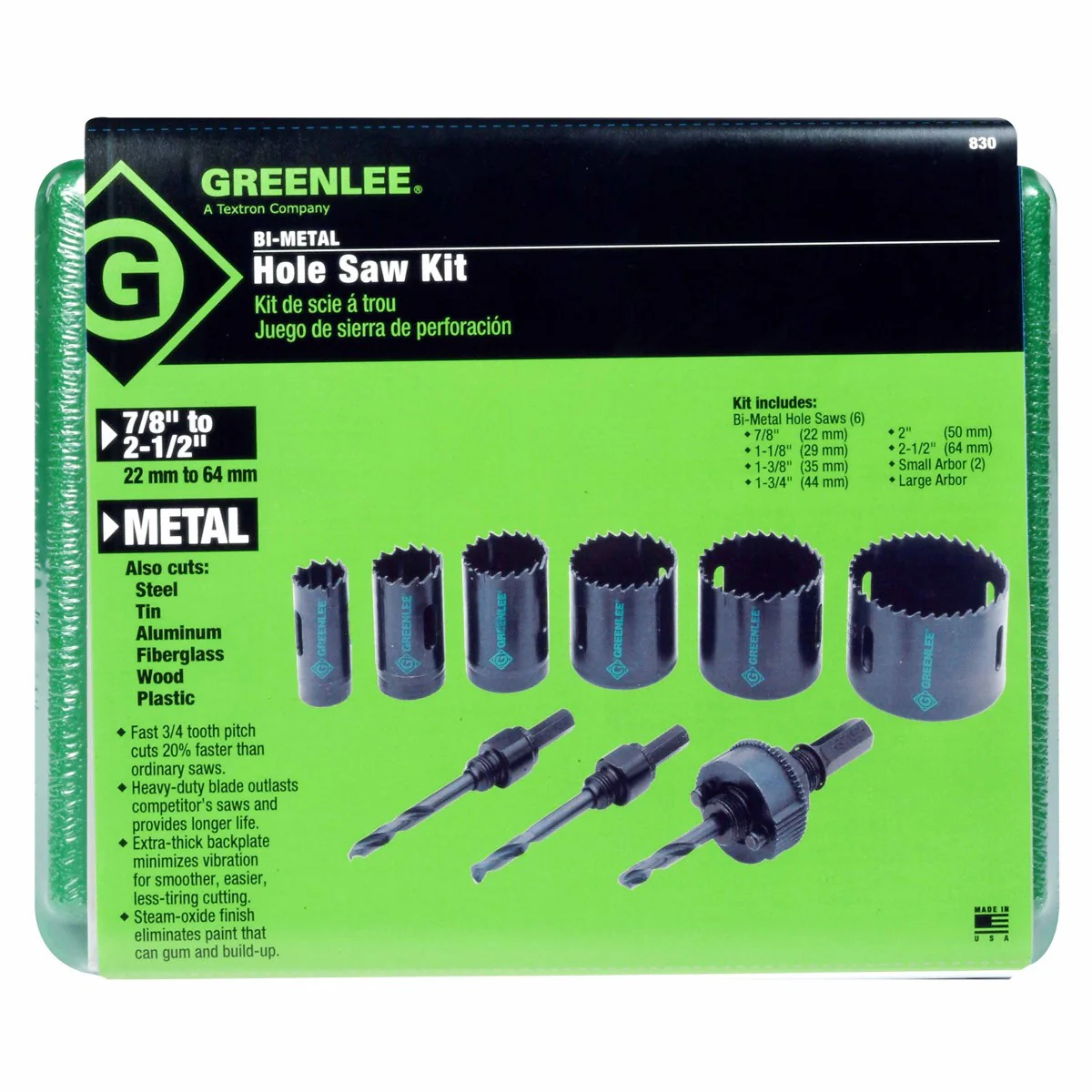 Greenlee 830 1/2" - 2" Conduit Size Bi-Metal Hole Saw Kit - Image 4