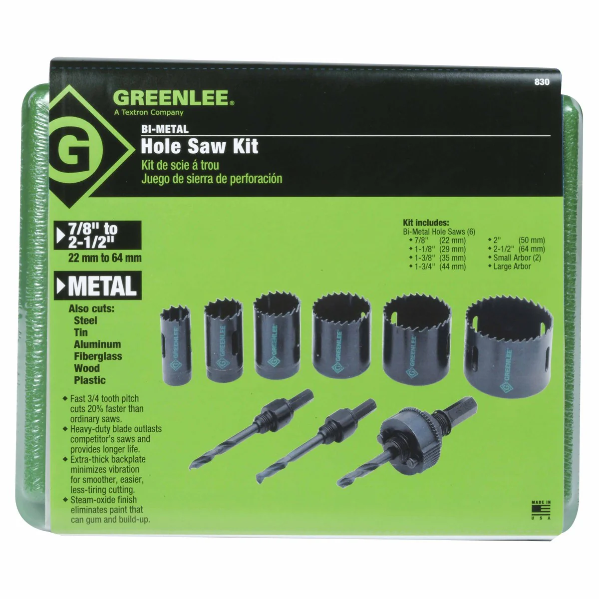 Greenlee 830 1/2" - 2" Conduit Size Bi-Metal Hole Saw Kit - Image 5