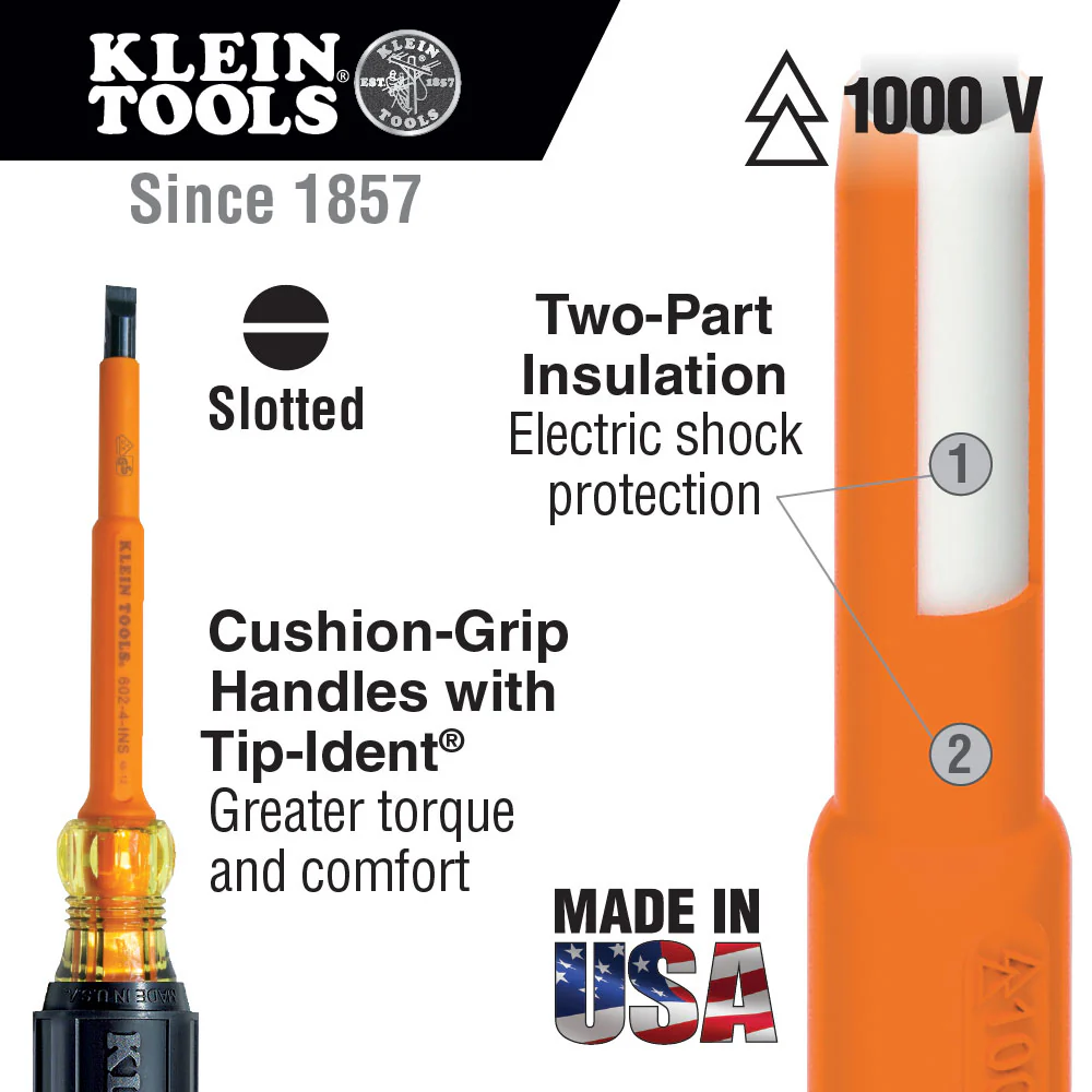Klein Tools 601-7-INS Insulated Screwdriver, 3/16" Cabinet, 7" - Image 2