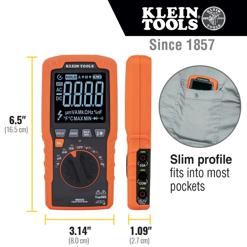 Klein MM450 Slim Digital Multimeter, TRMS Auto-Ranging, 600V, Temp - Image 4