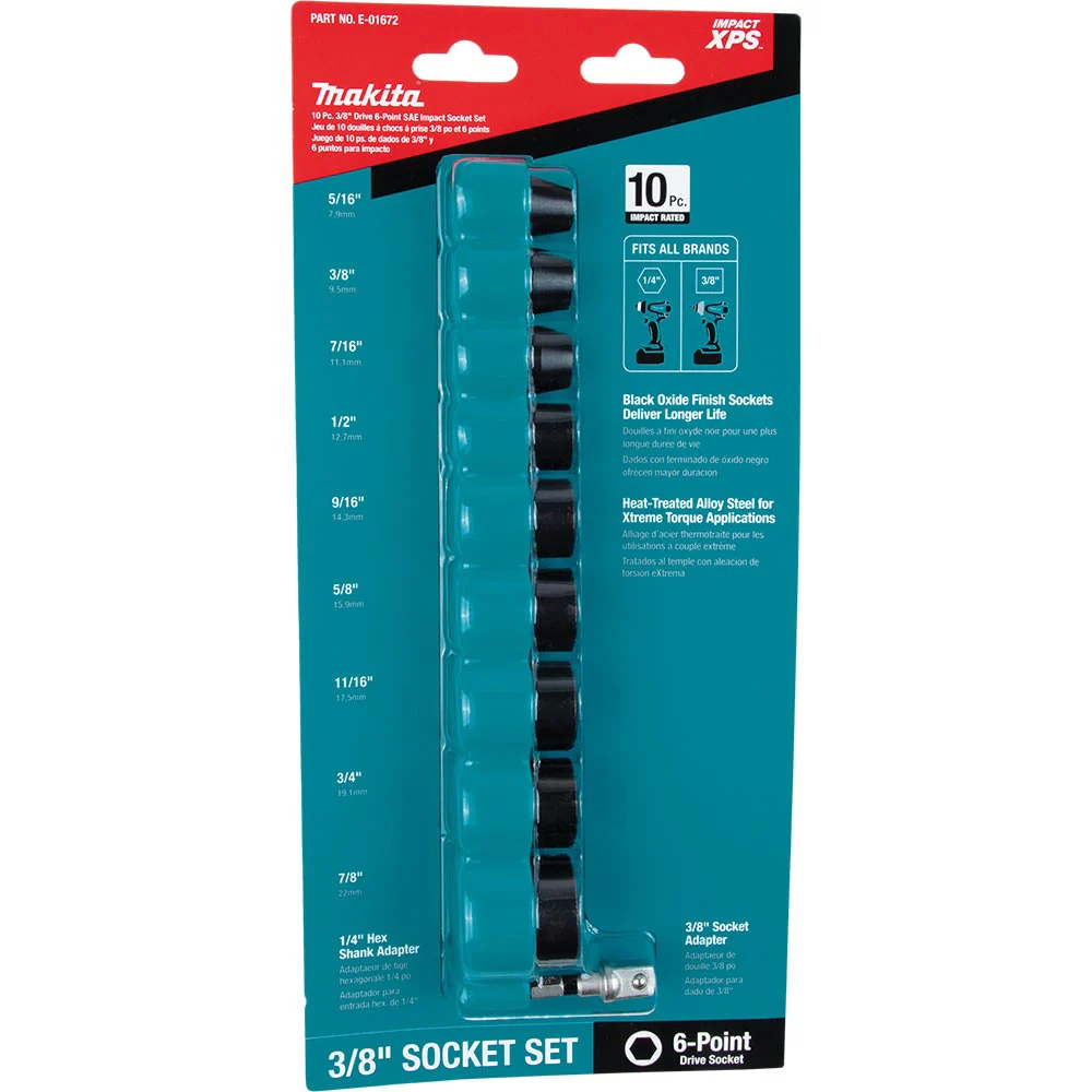 Makita E-01672 Impact XPS 10-Piece 3/8" Drive 6-Point SAE Impact Socket Set - Image 2