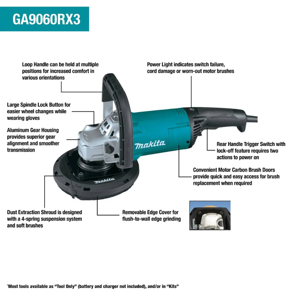 Makita GA9060RX3 7" Surface Planer with Dust Extraction Shroud, 15 AMP, 6,600 RPM, 5/8"-11, lock-off, lock-on - Image 2