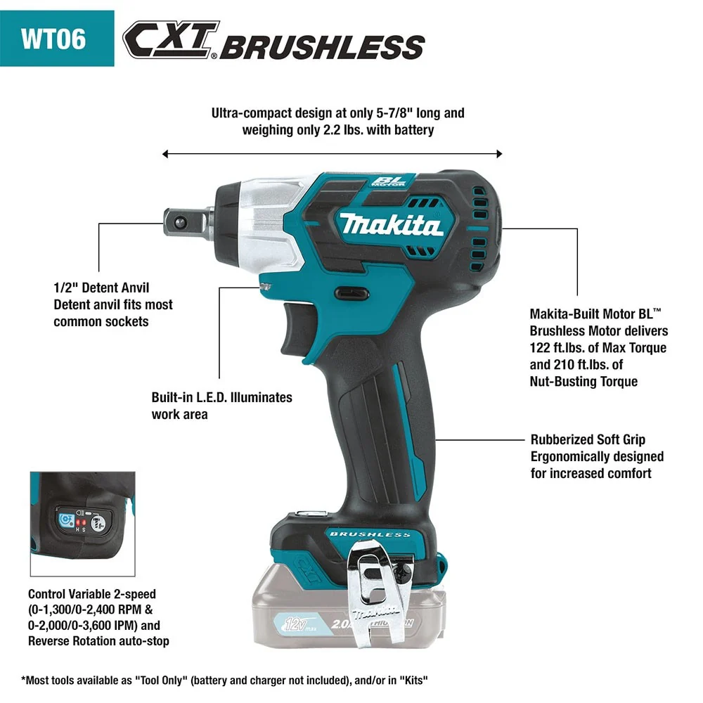 Makita WT06Z 12V max CXT 1/2" Square Drive Impact Wrench (Tool Only) - Image 5