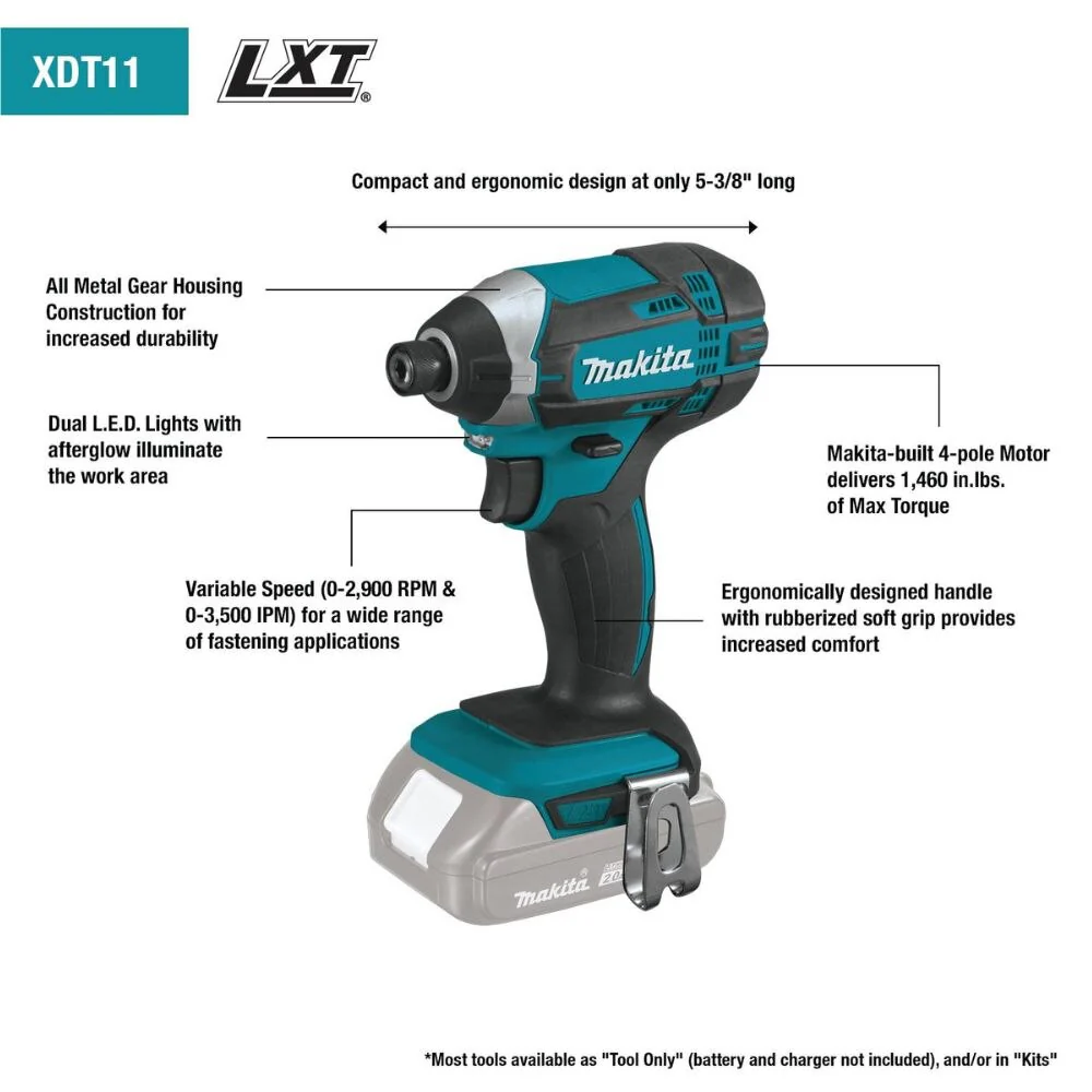 Makita XDT11SY 18V LXT Lithium-Ion Compact Cordless Impact Driver Kit, var. spd., rev., L.E.D. Light, case (1.5Ah) - Image 2
