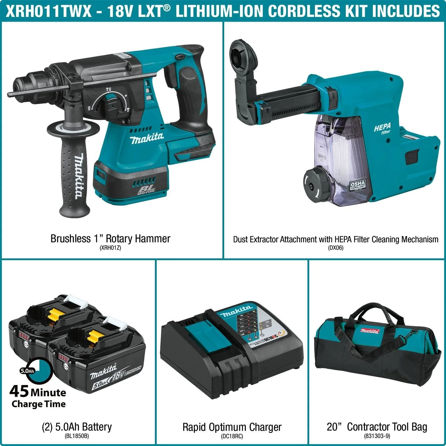 Makita XRH011TWX 18V LXT 1" SDS Rotary Hammer Kit 5.0AH With (Osha) Hepa Dust Extractor - Image 4