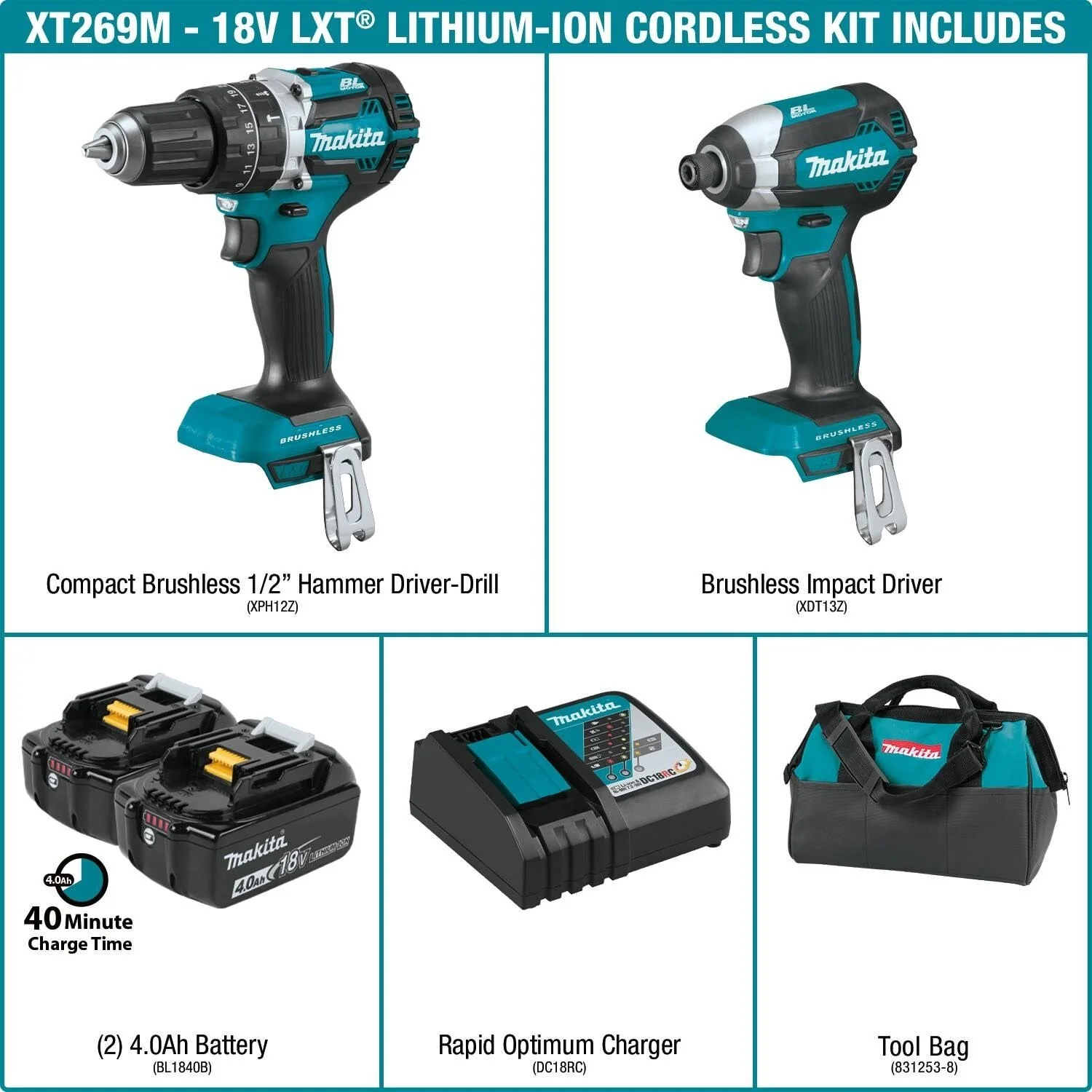 Makita XT269M 18V LXT Li-Ion BL 2-Piece Kit 4.0 Ah - Image 4