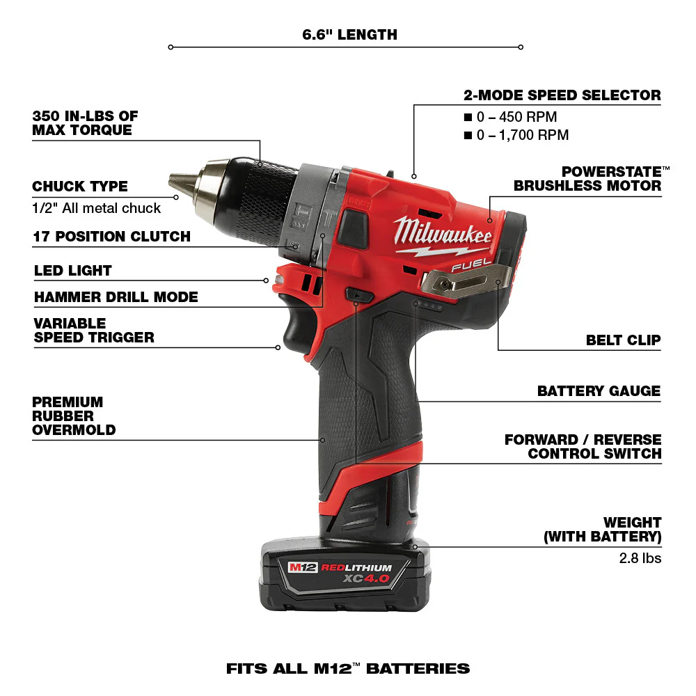 Milwaukee 2504-22 M12 FUEL 1/2" Hammer Drill Kit - Image 8