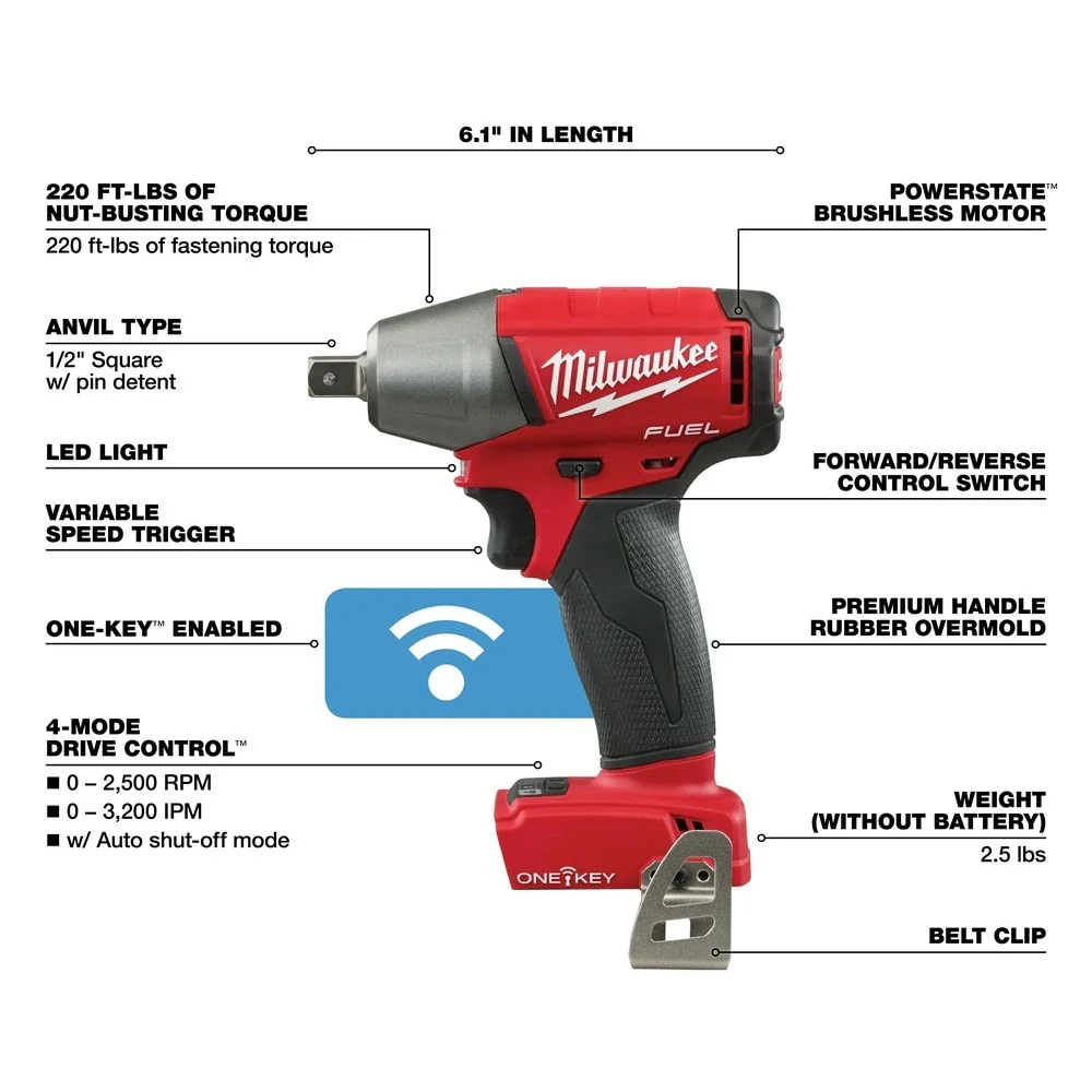 Milwaukee 2759-20 M18 FUEL 1/2" Compact Impact Wrench with Pin Detent with ONE-KEY (Bare Tool) - Image 4