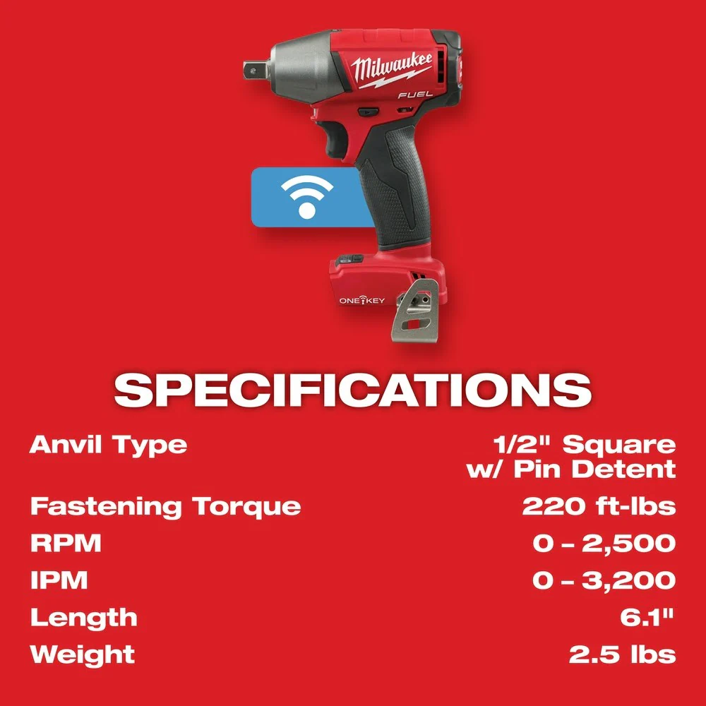 Milwaukee 2759-20 M18 FUEL 1/2" Compact Impact Wrench with Pin Detent with ONE-KEY (Bare Tool) - Image 8