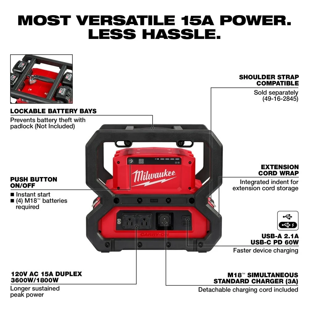 Milwaukee 2845-20 M18 CARRY-ON 3600W/1800W Power Supply - Image 3