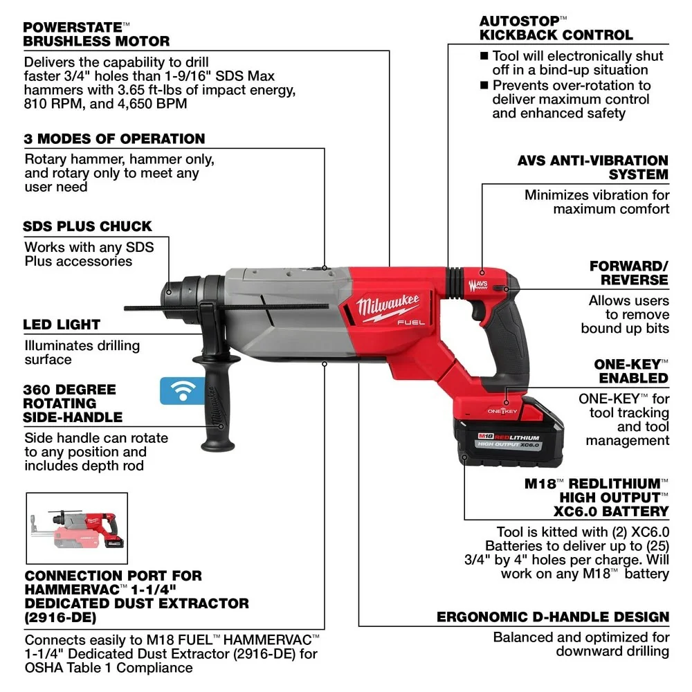 Milwaukee 2916-22 M18 FUEL 1-1/4" SDS Plus D-Handle Rotary Hammer Kit w/ ONE-KEY - Image 7