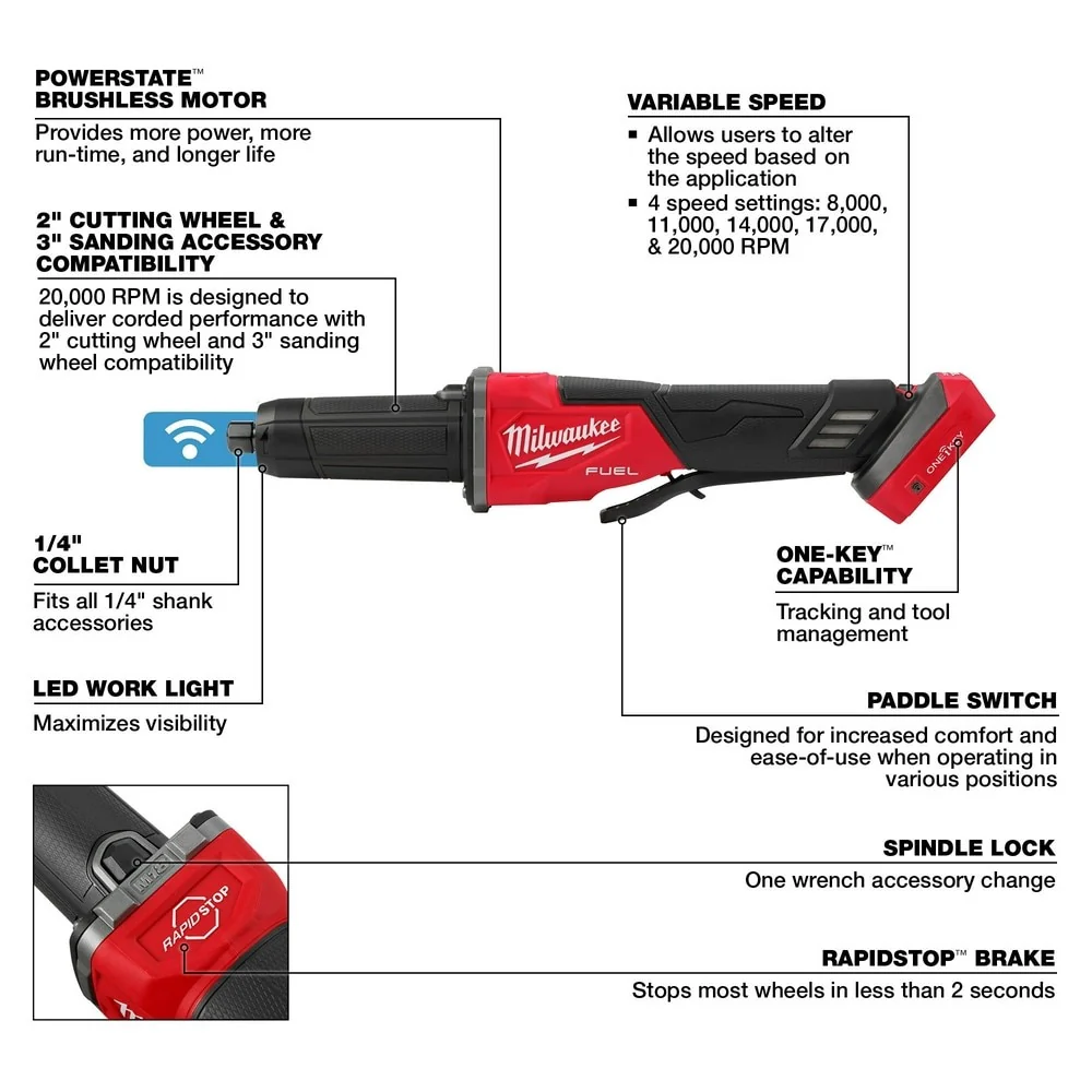 Milwaukee 2984-20 M18 FUEL Variable Speed, Braking Die Grinder, Paddle Switch w/ ONE-KEY - Image 4