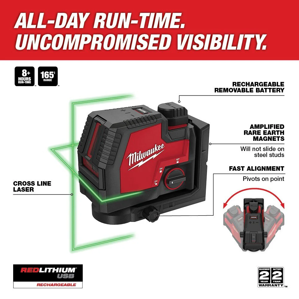 Milwaukee 3521-21 USB Rechargeable Green Cross Line Laser - Image 7