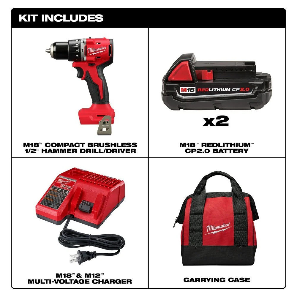 Milwaukee 3602-22CT M18 Compact Brushless 1/2" Hammer Drill/Driver Kit - Image 3