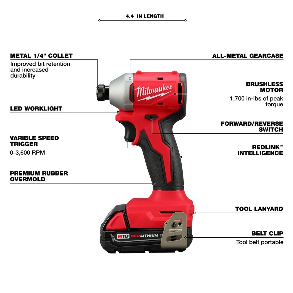 Milwaukee 3650-22CT M18 Compact Brushless 1/4" Hex Impact Driver Kit - Image 4