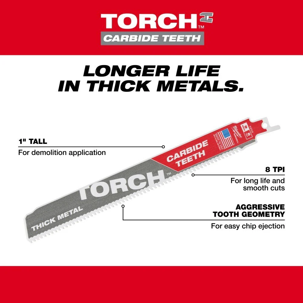 Milwaukee 48-00-5201 6" 8TPI Torch Metal Cutting Sawzall Blade with Carbide Teeth - Image 5