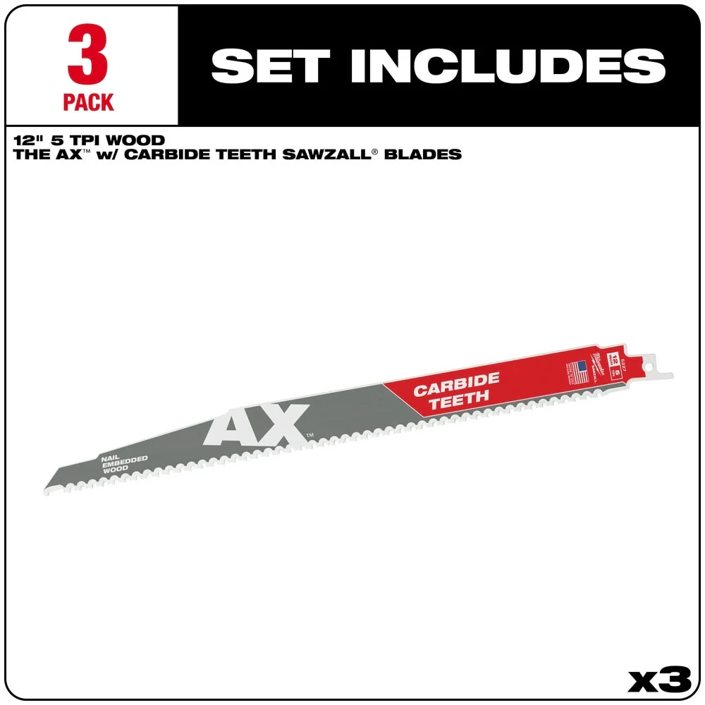 Milwaukee 48-00-5327 12" 5TPI AX with Carbide Teeth Sawzall Blade, 3 Pack - Image 2