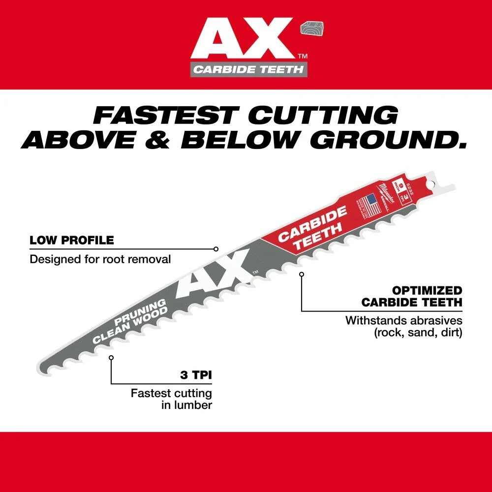 Milwaukee 48-00-5332 9" 3 TPI The AX™ with Carbide Teeth for Pruning & Clean Wood SAWZALL® Blade 3PK - Image 6