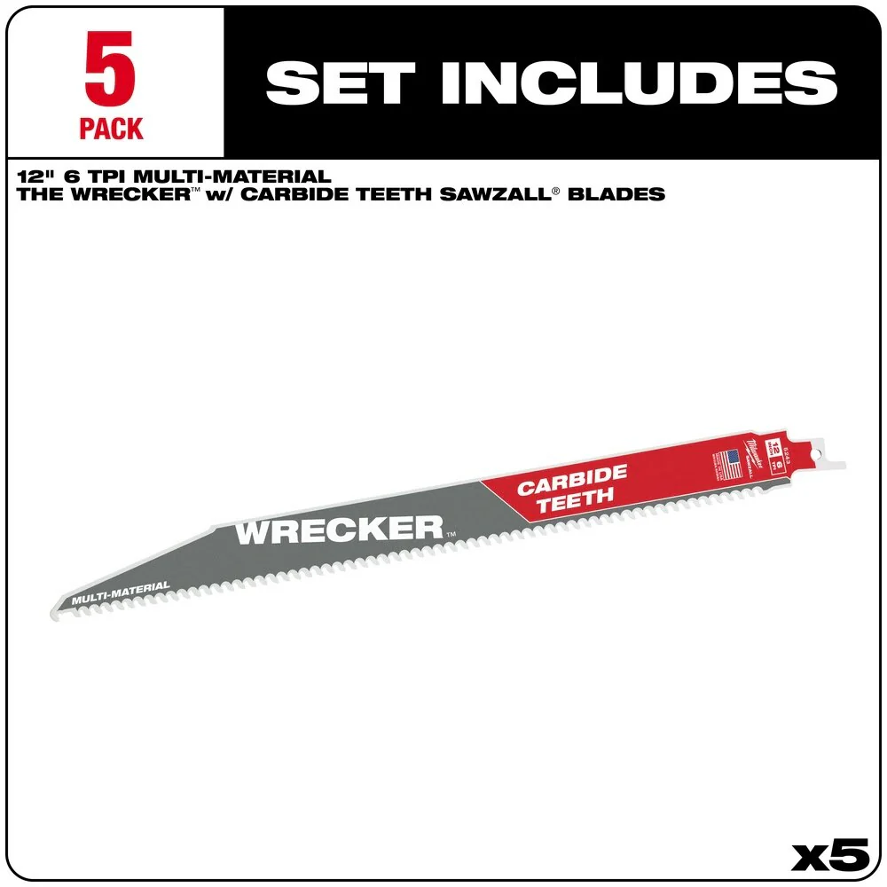 Milwaukee 48-00-5543 12" 6 TPI THE WRECKER™ with Carbide Teeth SAWZALL® Blade 5PK - Image 2