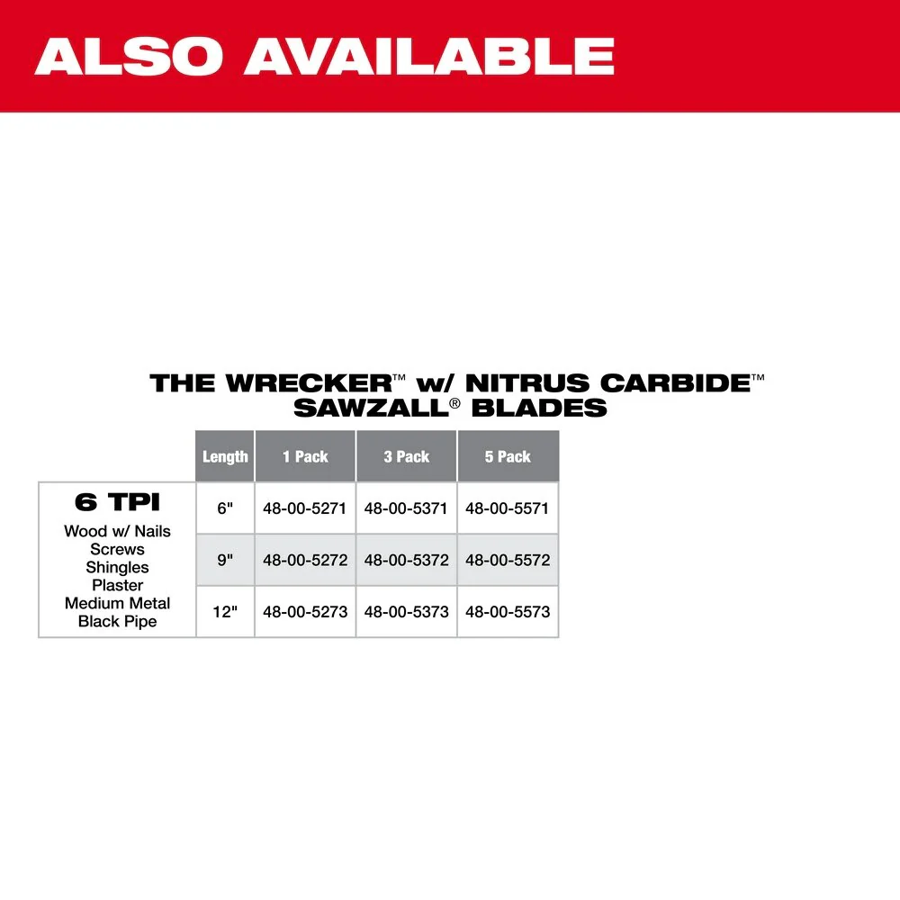 Milwaukee 48-00-5543 12" 6 TPI THE WRECKER™ with Carbide Teeth SAWZALL® Blade 5PK - Image 9
