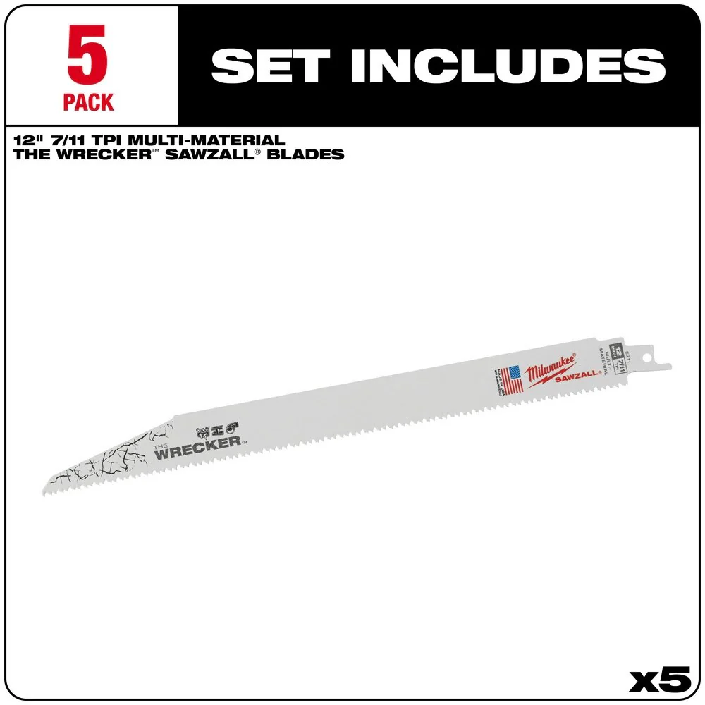 Milwaukee 48-00-5711 WRECKER Multi-Material SAWZALL Blade 12" 7/11TPI 5 Pack - Image 2