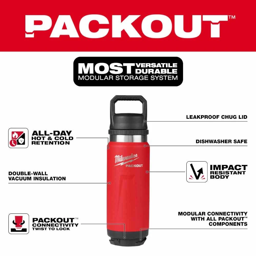 Milwaukee 48-22-8396R PACKOUT 24oz Insulated Bottle with Chug Lid - Red - Image 2