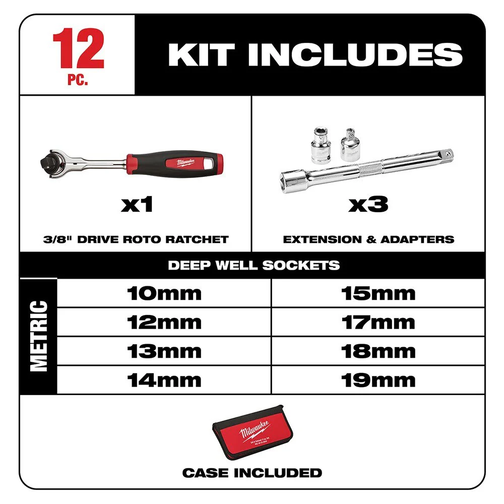Milwaukee 48-22-9001 12 Piece 3/8" Drive Metric Socket Set - Image 2