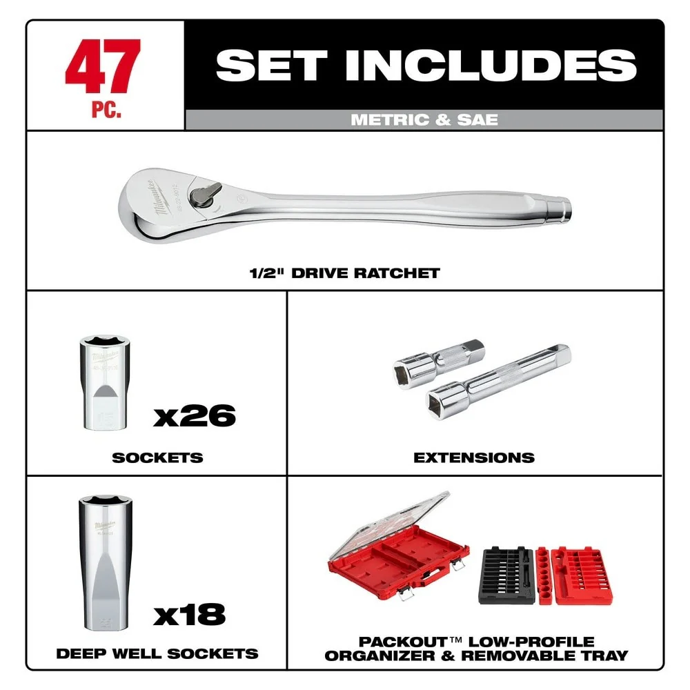 Milwaukee 48-22-9487 47PC 1/2" Drive Ratchet & Socket Set with PACKOUT Organizer - Image 2