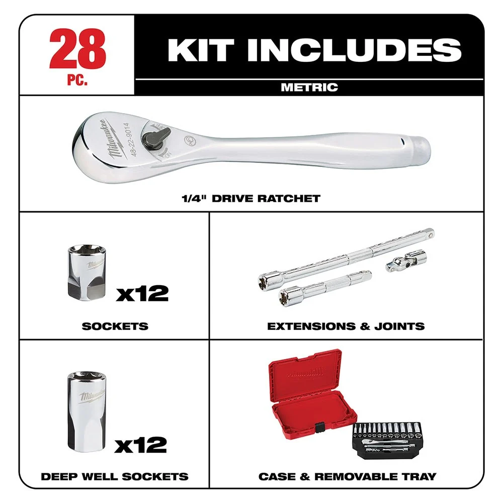 Milwaukee 48-22-9504 1/4" Drive 28 Piece Ratchet & Socket Set - Metric - Image 2