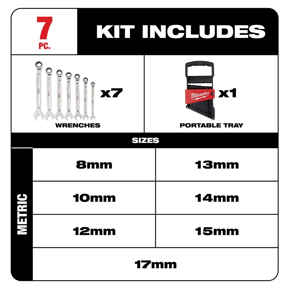 Milwaukee 48-22-9506 7 Piece Ratcheting Combination Wrench Set - Metric - Image 2
