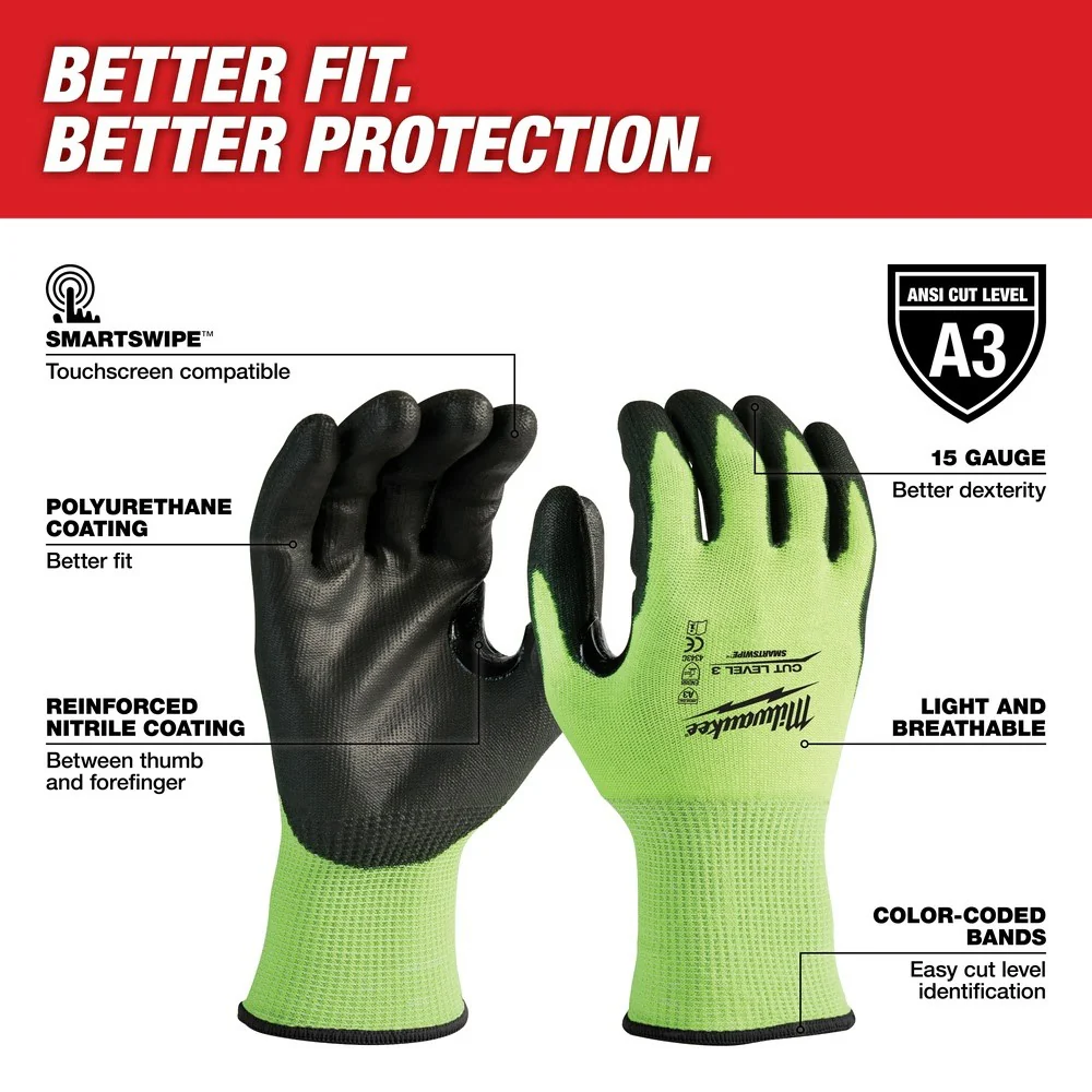 Milwaukee 48-73-8933 High Visibility Cut Level 3 Polyurethane Dipped Safety Gloves - X-Large - Image 2