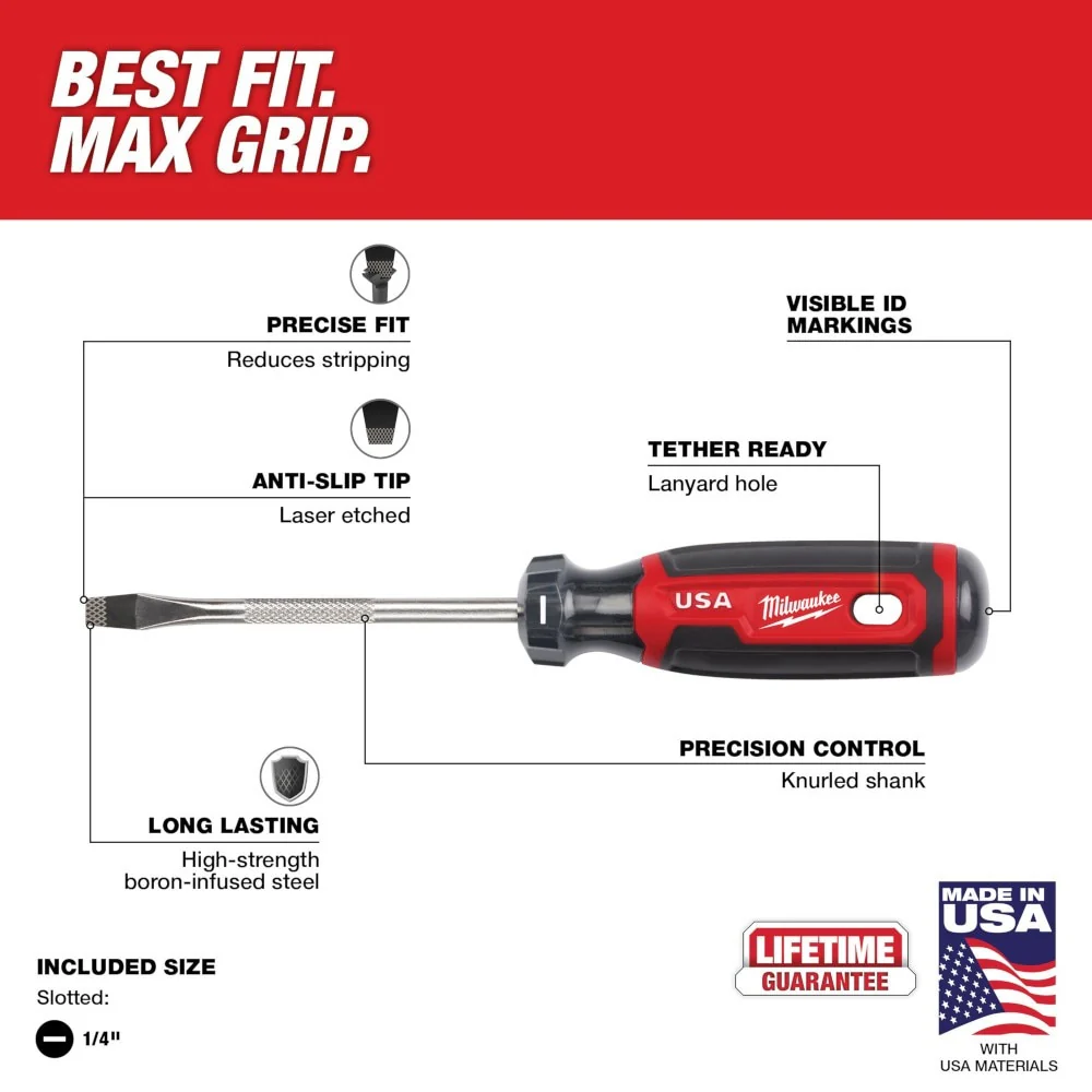 Milwaukee MT206 1/4" Slotted 4" Cushion Grip Screwdriver (USA) - Image 3