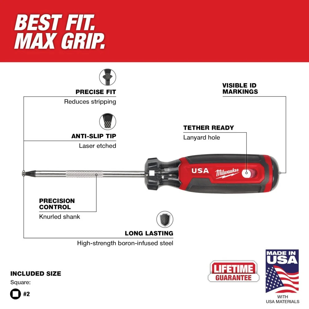 Milwaukee MT218 #2 Square 4" Cushion Grip Screwdriver (USA) - Image 3