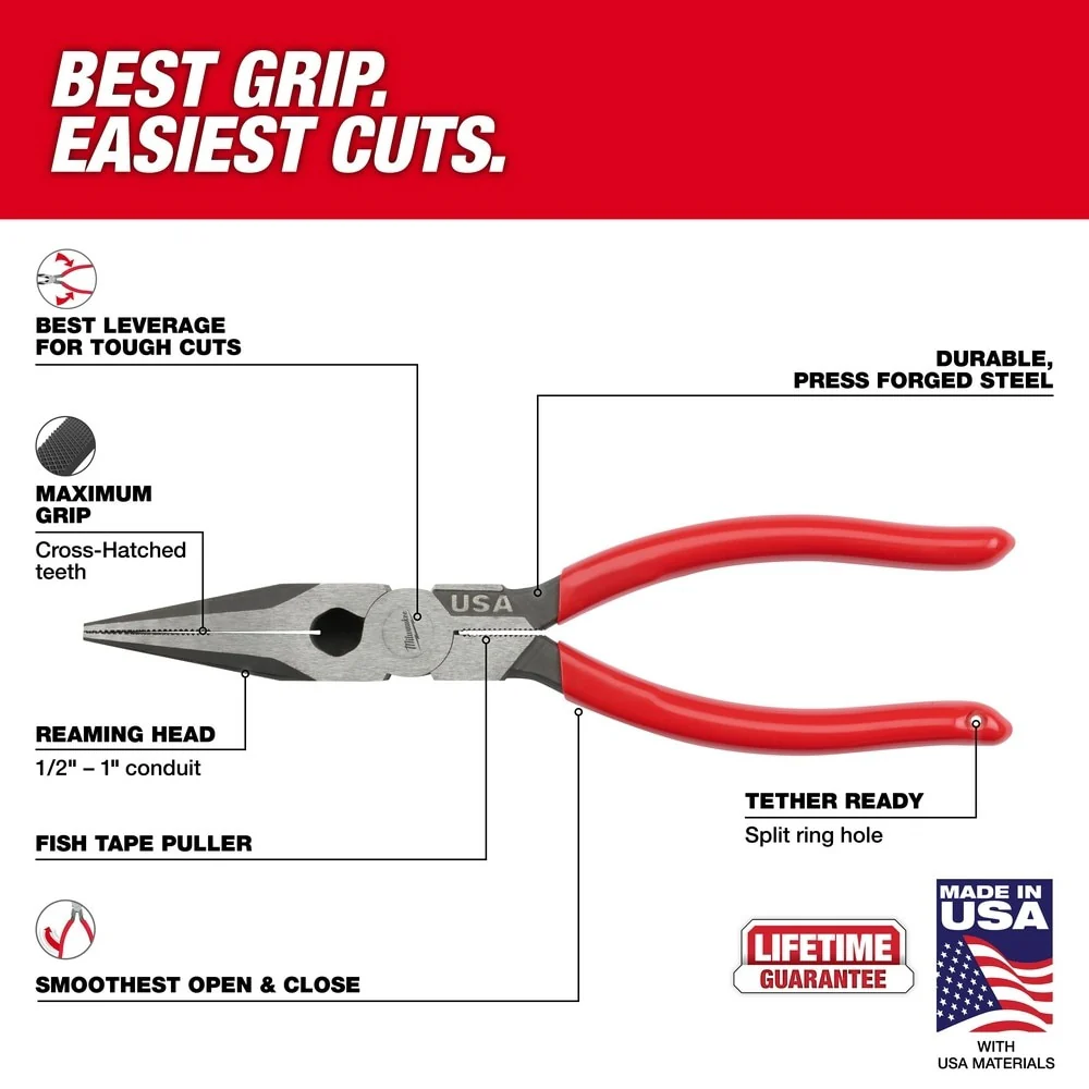 Milwaukee MT505 8" Long Nose Dipped Grip Pliers (USA) - Image 3